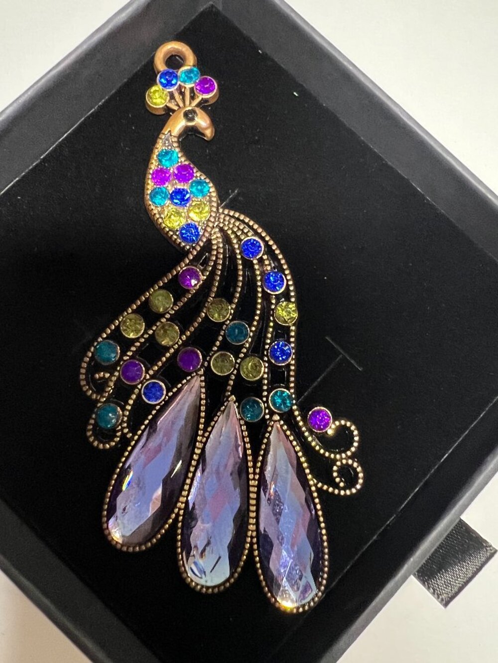 Vintage Style Mid Century Peacock Pendant Large Colorful Rhinestone 4” Gift Box